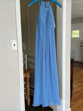 AW Bridal Sky Blue Halter Bridesmaid Dress Size 6 Pleated Formal Gown